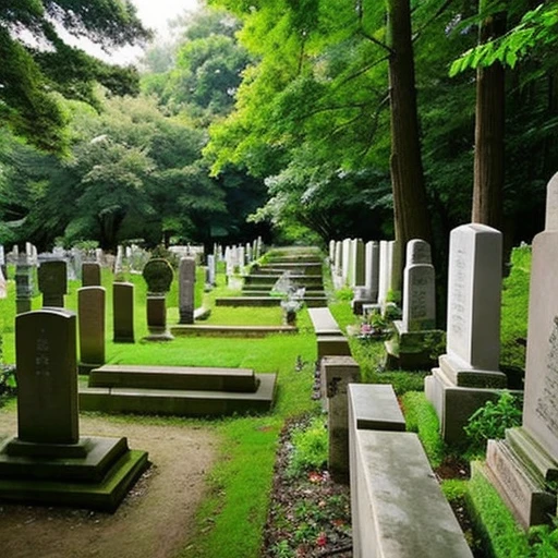 Photos of small overseas cemeteries tucked away in the woods。A small angel statue can be seen faintly in the distance.。There are few gravestones, and they look small in the distance and are covered with forest.
