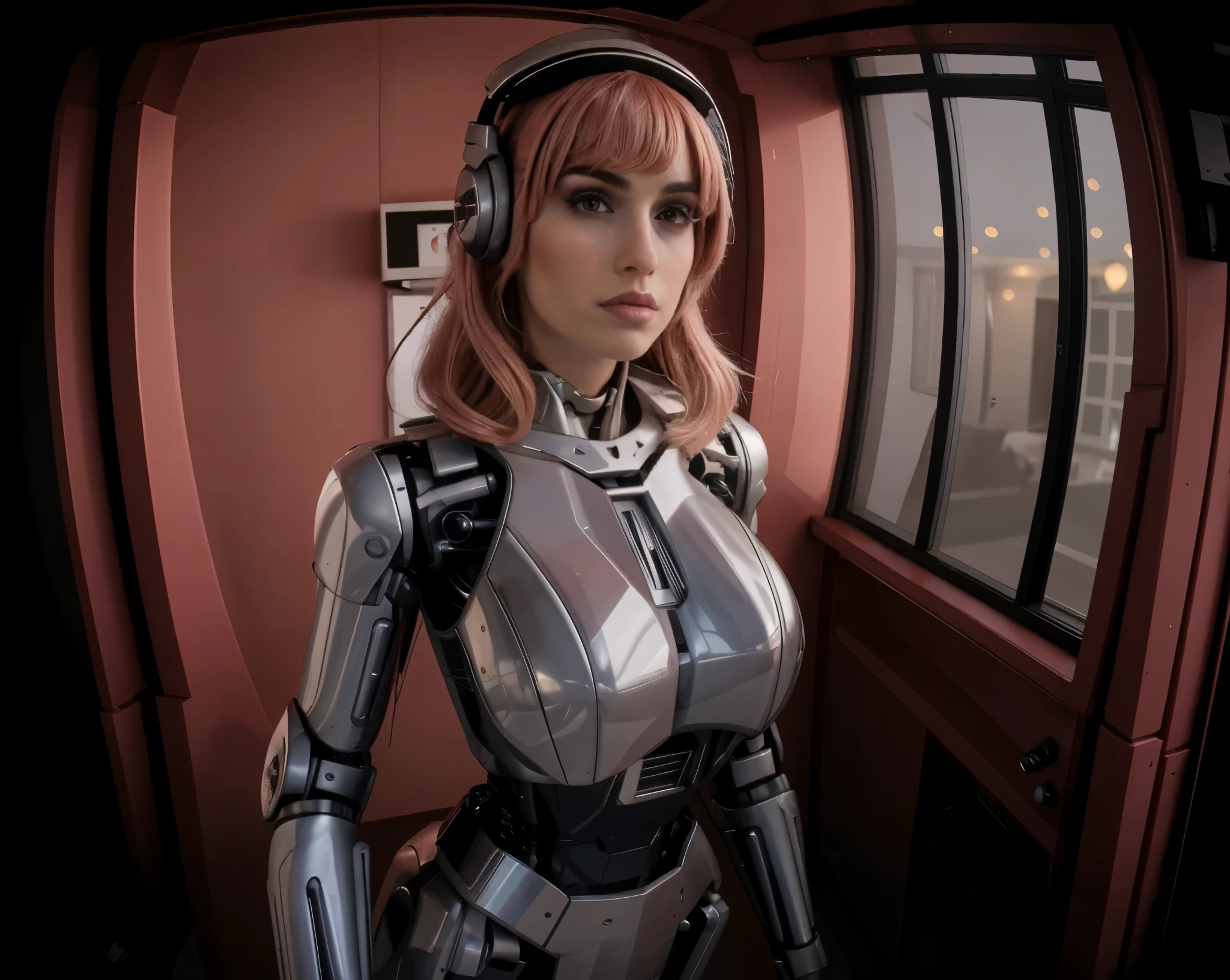 fisheye view, door fisheye pov, grand angular, ana de armas as your cosplayer girlfriend, using a robot suit, larger breasts, ana de armas, silver suit, crhome shinny skin, mechanical joints, medium straight hair, rogue hair, blunt bangs , parted lips , mecha musume, futuristic headset, stand up, await comands position, condo corridor, window on the left side, elevator door on background, thicc body, small height