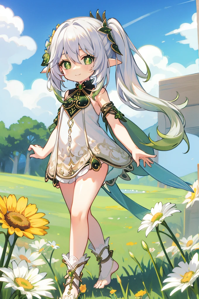 1  solo, nahida_genshin, cross-shaped pupils, naked, small smile, nude, white hair, green hair ornament, green cape, flower meadow, flowers, walking on the flower field