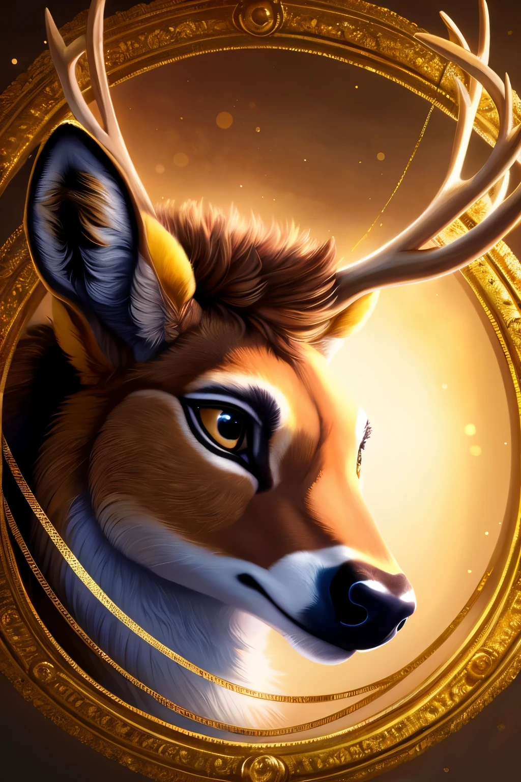 In this breathtaking and exquisite image, a lovely blue fluffy deer is showcased with a fabulous style that is sure to leave you in awe. The deer's gold stripes glisten and shimmer in the light, adding a regal touch to its appearance. The golden horns on its head are intricately detailed, with each curve and line capturing the essence of the deer's strength and grace.

Hyperdetalization is evident in every aspect of this close-up image. The deer's fur is rendered in the highest resolution, with each strand appearing soft and fluffy to the touch. The gold stripes on its body are meticulously crafted,