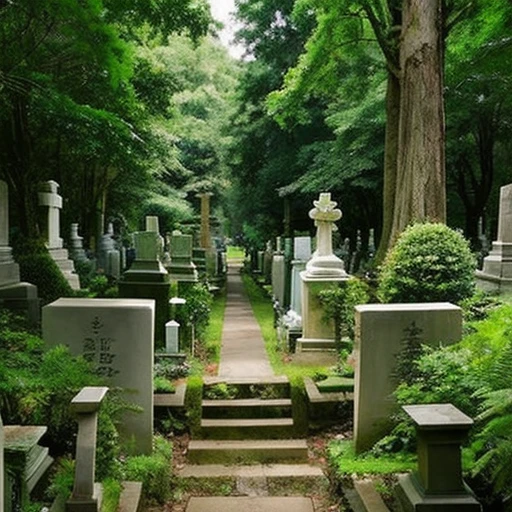 Photos of small overseas cemeteries tucked away in the woods。A small angel statue can be seen faintly in the distance.。Two small tombstones look small in the distance and are covered with forest.