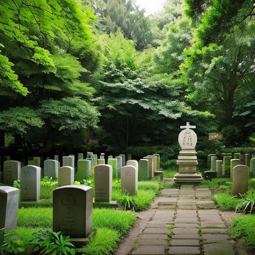 Photos of small overseas cemeteries tucked away in the woods。A small angel statue can be seen faintly in the distance.。Two small tombstones look small in the distance and are covered with forest.