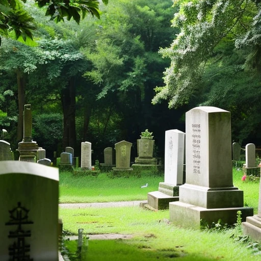 Photos of small overseas cemeteries tucked away in the woods。A small angel statue can be seen faintly in the distance.。Two small tombstones look small in the distance and are covered with forest.