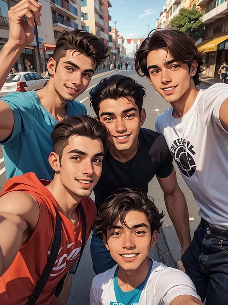 Three 20 year old men, tirando selfie, cidade, pessoas caminhando, cabelos pretos, sorrindo.