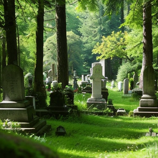 A photo of a small cemetery in Europe tucked away in the forest。A small angel statue can be seen faintly in the distance.。Two small tombstones look small in the distance and are covered with forest.