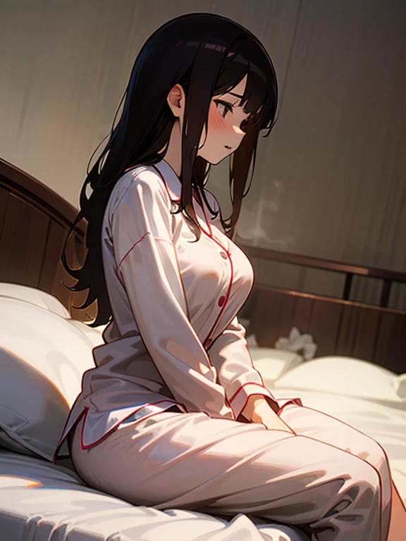 1girl, solo, (18-year-old), dark hair, long hair, bedroom bed in background, pajamas, white pajamas, sitting,spread my legs, (large breasts), cute,shy, blush, parted lips, night, ((Side angle)), looking away,wet skin, steam, best quality,detailed,high resolution,
