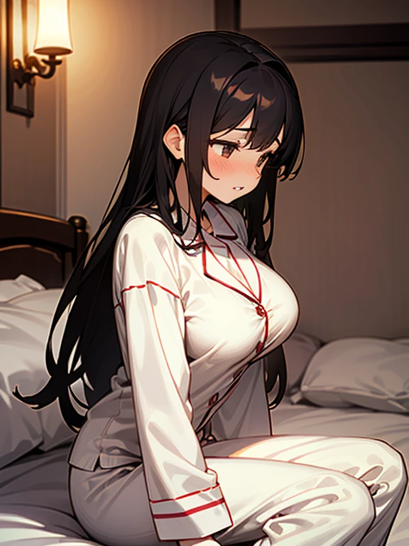 1girl, solo, (18-year-old), dark hair, long hair, bedroom bed in background, pajamas, white pajamas, sitting,spread my legs, (large breasts), cute,shy, blush, parted lips, night, ((Side angle)), looking away,steam, best quality,detailed,high resolution,
