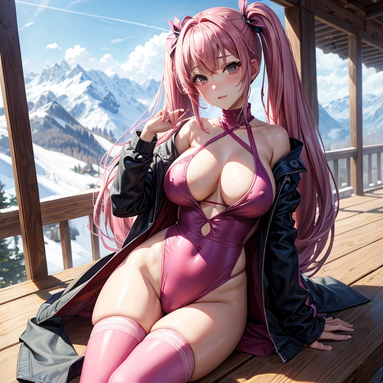 highest quality, masterpiece, solo、pink hair、twin tails、big breasts、tits、swimsuit、exposed、Slut、Thighhighs、long coat、Ski resort、field