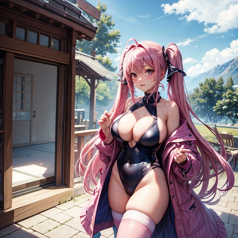 highest quality, masterpiece, solo、pink hair、twin tails、big breasts、tits、swimsuit、exposed、Slut、Thighhighs、long coat、Ski resort、field