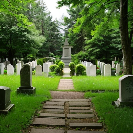 A photo of a small cemetery in a small American village tucked away in the woods.。A small angel statue can be seen faintly in the distance.。Two small tombstones look small in the distance and are covered with forest.