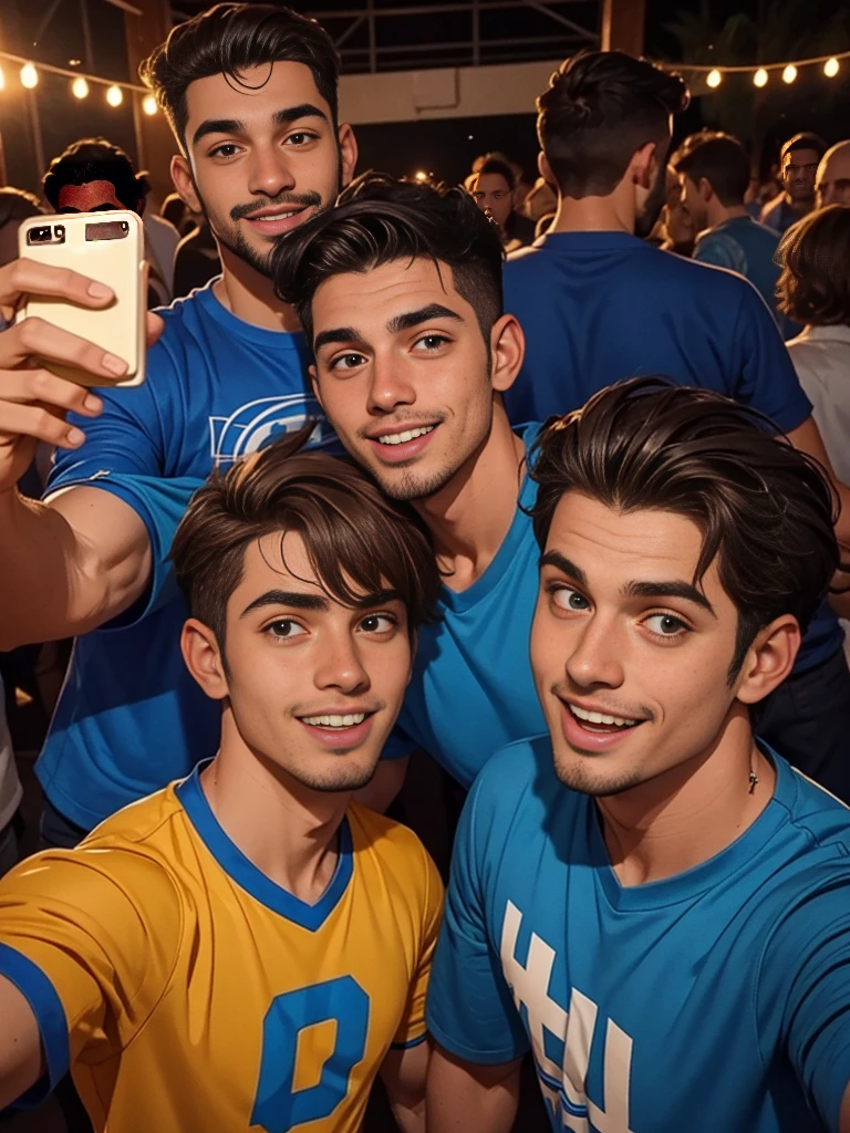 Dois homens de 20 anos, tirando selfie, festa, clube noturno, cabelos pretos, sorrindo.