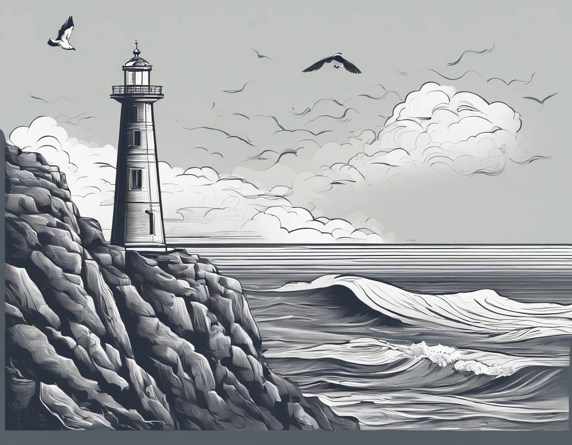 A small lighthouse on the edge of a cliff with a stormy sky and rough seas and a seagull flying in the foreground.