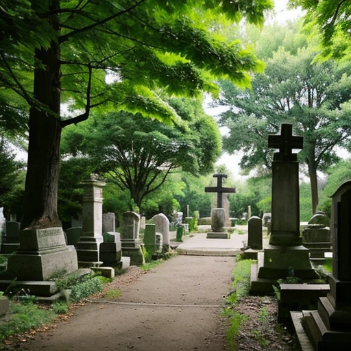 A photo of the entrance to a small cemetery in a small American village tucked away in the woods.。A small angel statue can be seen faintly in the distance.。Two small tombstones look small in the distance and are covered with forest.