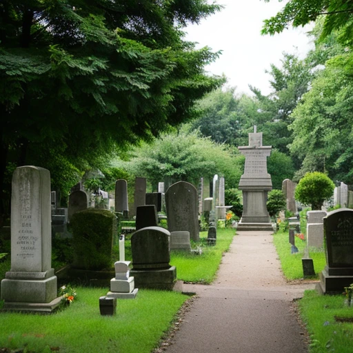 A photo of the entrance to a small cemetery in a small American village tucked away in the woods.。A small angel statue can be seen faintly in the distance.。Two small tombstones look small in the distance and are covered with forest.