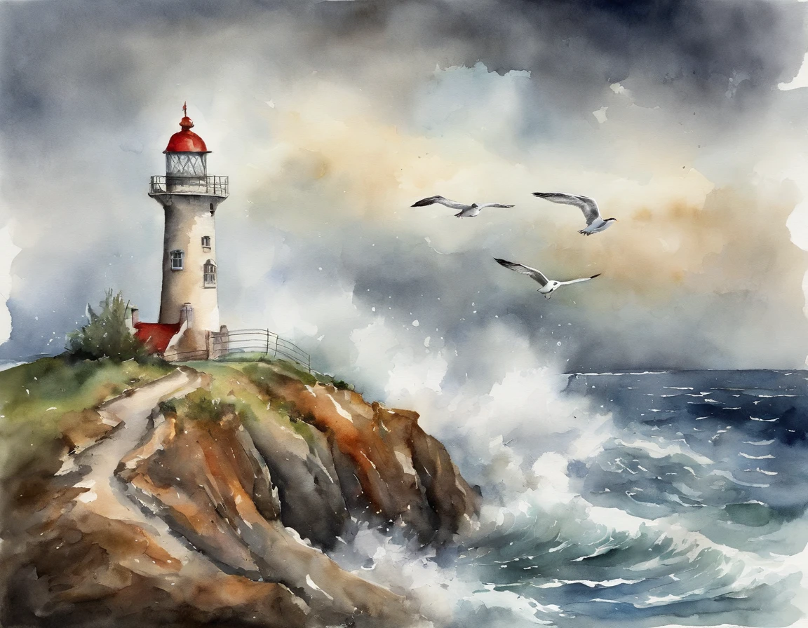 A small lighthouse on the edge of a cliff with a stormy sky and rough seas and a seagull flying in the foreground.