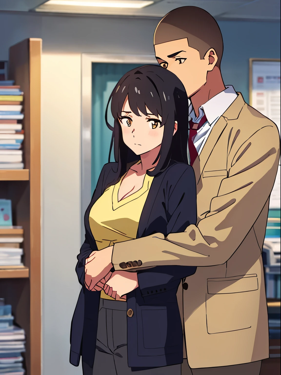 shinkai makoto, kimi no na wa., 1boy, buzzcut,office suit, boy caressing girl's body, sexual harassment, passionate hug, 1girl, bangs, black hair, brown eyes, Twisted Half Up, red ribbon, long hair, long sleeve light pink cardigan, open shirt, yellow shirt, cleavage, breast, medium breast, storage room, indoors, masterpiece, perfect anatomy, cowboyshot