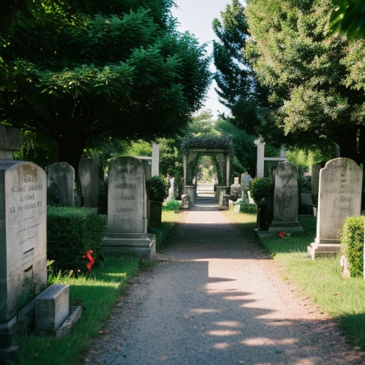 Photo of the entrance to a small cemetery in a small American village covered with trees
