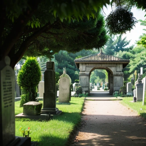 Photo of the entrance to a small cemetery in a small American village covered with trees