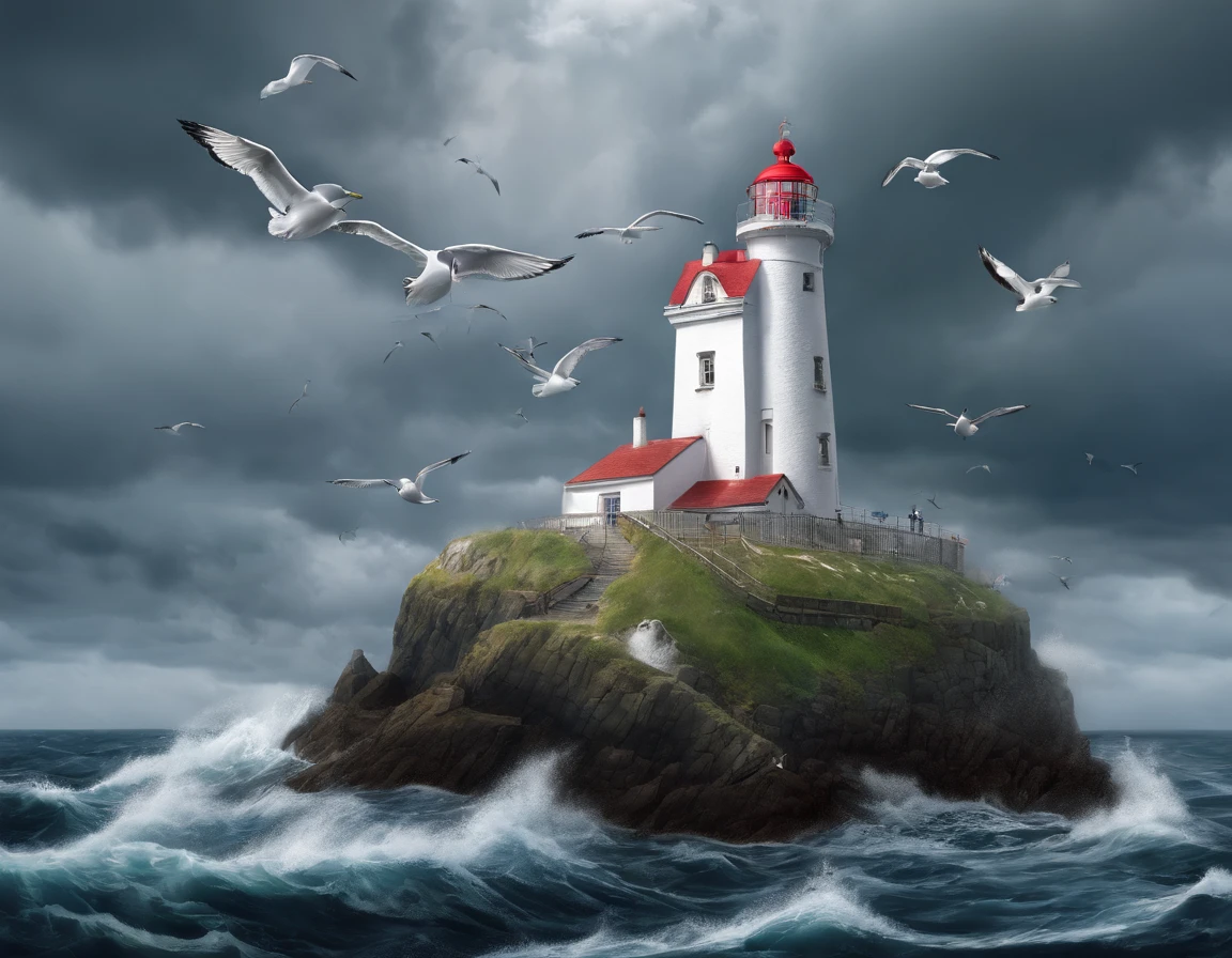 A small lighthouse on the edge of a cliff with a stormy sky and rough seas and a seagull flying in the foreground.