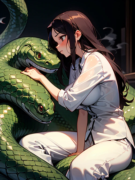 1girl, solo, (18-year-old), dark hair, long hair, bedroom bed in background, pajamas, white pajamas, sitting,spread my legs, (large breasts), cute,shy, blush, parted lips, (snakes 1.5), (anaconda), (big snake), (coiled snake),(Girl coiled by a snake), night, ((Side angle)), looking away, flustered face, surprised face ,wet skin, steam, best quality,detailed,high resolution,