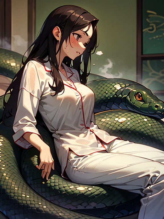 1girl, solo, (18-year-old), dark hair, long hair, bedroom bed in background, pajamas, white pajamas, sitting,spread my legs, (large breasts), cute,shy, blush, parted lips,  (snakes 1.5), (anaconda), (big snake), (coiled snake),(Girl coiled by a snake), night, ((Side angle)), looking away, flustered face, surprised face ,wet skin, steam, best quality,detailed,high resolution,
