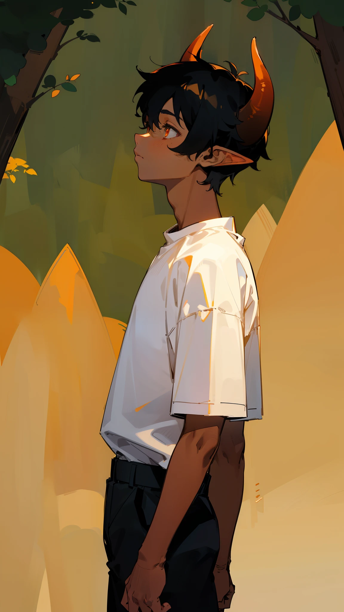 (1boy,10 years,solo),sad,(dark skin),((white shirt,short sleeves,black shorts)),Short hair,black hair,elf ears,(horns),(forest background),profile,orange eyes