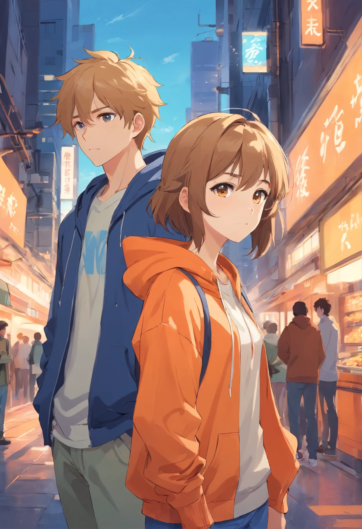 Girl in an orange hoodie. Brown hair, blond guy in a shirt