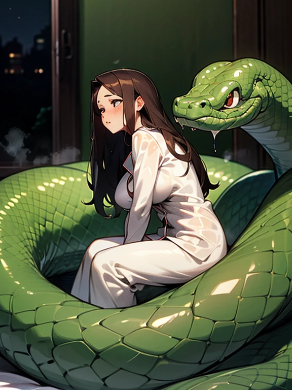 1girl, solo, (18-year-old), dark hair, long hair, bedroom bed in background, pajamas, white pajamas, sitting,spread my legs, (large breasts), cute,shy, blush, parted lips, (snakes 1.5), (anaconda), (big snake), (coiled snake),(Girl coiled by a snake), night, ((Side angle)), looking away, flustered face, surprised face ,wet skin, steam, best quality,detailed,high resolution,
