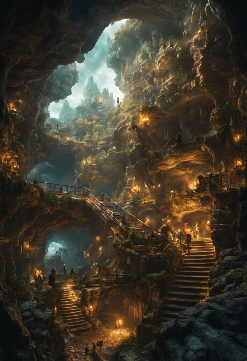 Aleksi Briclot, Johannes Voss, Steve Argyle; Underground City in the Clouds, Photograph Taken on Nikon D750, in an underground landscape, dynamic lighting, RTX, Ray Tracing, Intricate, Elegant, Digital Illustration, Scenic, Maximalist, Hyper-Realistic, Hyper-Detailed, Vibrant Color, vivid, 8k