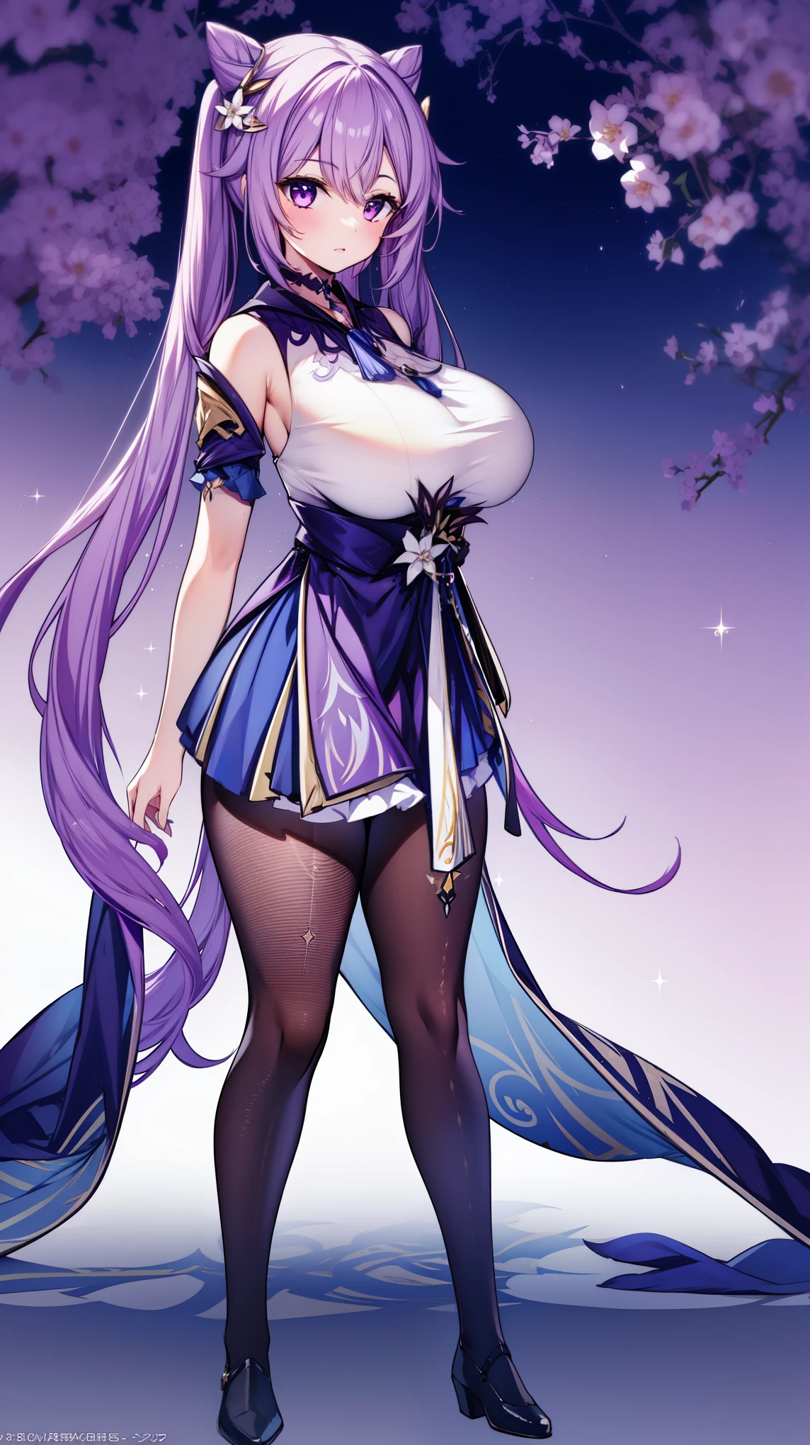 KeqingGenshin_NDV, 1girl, purple hair, large breasts, long hair, twintail, purple eyes, pantyhose, cone hair bun, double bun, (Beautiful,Huge_Breasts:1.3),
BREAK
, 1girl, solo, Standing in the garden, full body, full figure,
BREAK
, Garden,
BREAK
, choker, short skirt, detached sleeves, frills,
BREAK
, official art, extremely detailed CG unity 8k wallpaper, perfect lighting, Colorful, (best_quality:1.0), ultra high res,4K, ultra-detailed, 8K, HDR, high resolution,  absurdres:1.2, film grain, blurry background, (vibrant_color:1.2), (beautiful_face:1.5), (narrow waist),