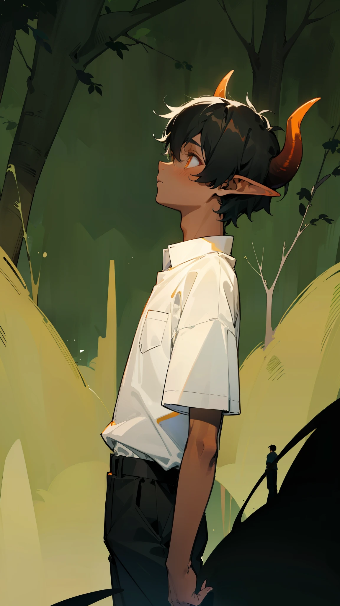 ((1boy,8 years,solo)),sad,(dark skin),((white shirt,short sleeves,black shorts)),Short hair,black hair,elf ears,(horns),(forest background),profile,orange eyes