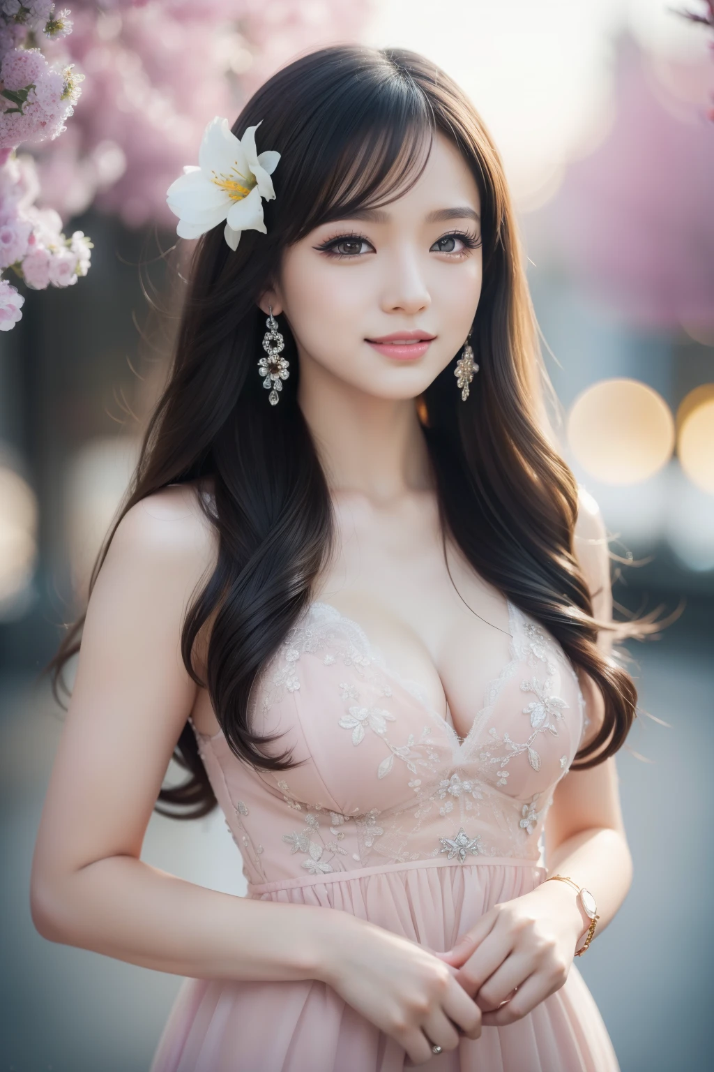female idol、shiny lip gloss、smiling face、smoky eyeshadow、winged eyeliner、((dramatic lashes))、female naked、flowers in the hair、conceptual art, High quality, Realistic, extremely detailed CG unified 8k wallpaper, highly detailed, High-definition raw color photos, professional photography, Cinematic Light, Beautiful detailed, Super Detail, high detail, (((Bokeh))), depth of fields, illumination, City Street, Super stylish lighting