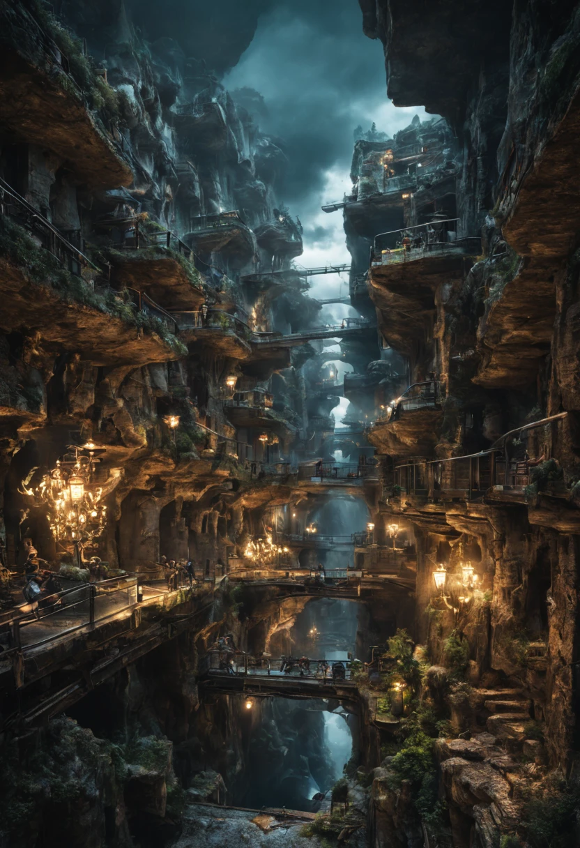 Aleksi Briclot, Johannes Voss, Steve Argyle; Underground City in the Clouds, Photograph Taken on Nikon D750, in an underground landscape, dynamic lighting, RTX, Ray Tracing, Intricate, Elegant, Digital Illustration, Scenic, Maximalist, Hyper-Realistic, Hyper-Detailed, Vibrant Color, vivid, 8k