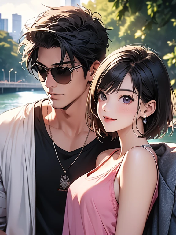(masterpiece, Best Quality, ultra-detailed, high resolution, extremely detailed CG, official art, Professional Lighting, Perfect Anatomy, anime colors), close up image of a couple starring at each other, Asian girl, very pretty, smiling, Short hair, she is wearing a pink tank top, she is with her boyfriend an Asian guy, wearing a black t-shirt with sunglasses, in the Yarra River, , detailed image, 8K, detailed faces, (day time:1.5), Melbourne Australia, (in the Yarra River:1.4), outdoor, (depth of field:1.3),