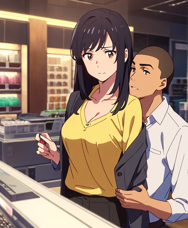 masterpiece:1.6, best quality), finely detailed beautiful eyes: 1.2), colorful, shinkai makoto, kimi no na wa., 1boy, buzzcut, muscular, brown eyes, office worker suit, boy caressing girl's body, breast groping, breast grope, hold breast, 1girl, bangs, black hair, brown eyes, twisted half up, red ribbon, long hair, long sleeve light yellow cardigan, open shirt, yellow shirt, cleavage, breast, medium breast, black pants,  indoors, jewelery shop, mall, cowboy shot, face to face