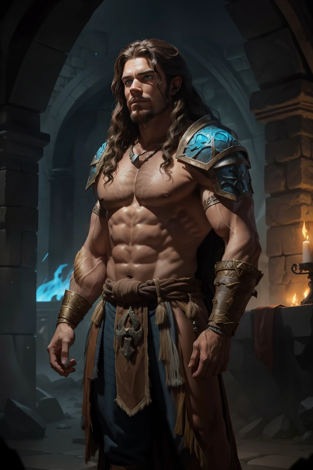 photo: A half-giant barbarian character from Dungeons and Dragons is depicted in the image, proudly standing before an ancient stone altar. His alabaster skin tones radiate a soft luminescence under the dim, subterranean light. With broad shoulders and towering stature, he wears a tattered loincloth and a heavy, iron cuirass adorned with intricate runes. His long, curly brown hair cascades down his back, and his piercing blue eyes glow with an inner fire. The depth of the dark dungeon is captured in the background, with shadowy corners revealing tales of untold battles and hidden treasures. The detailed