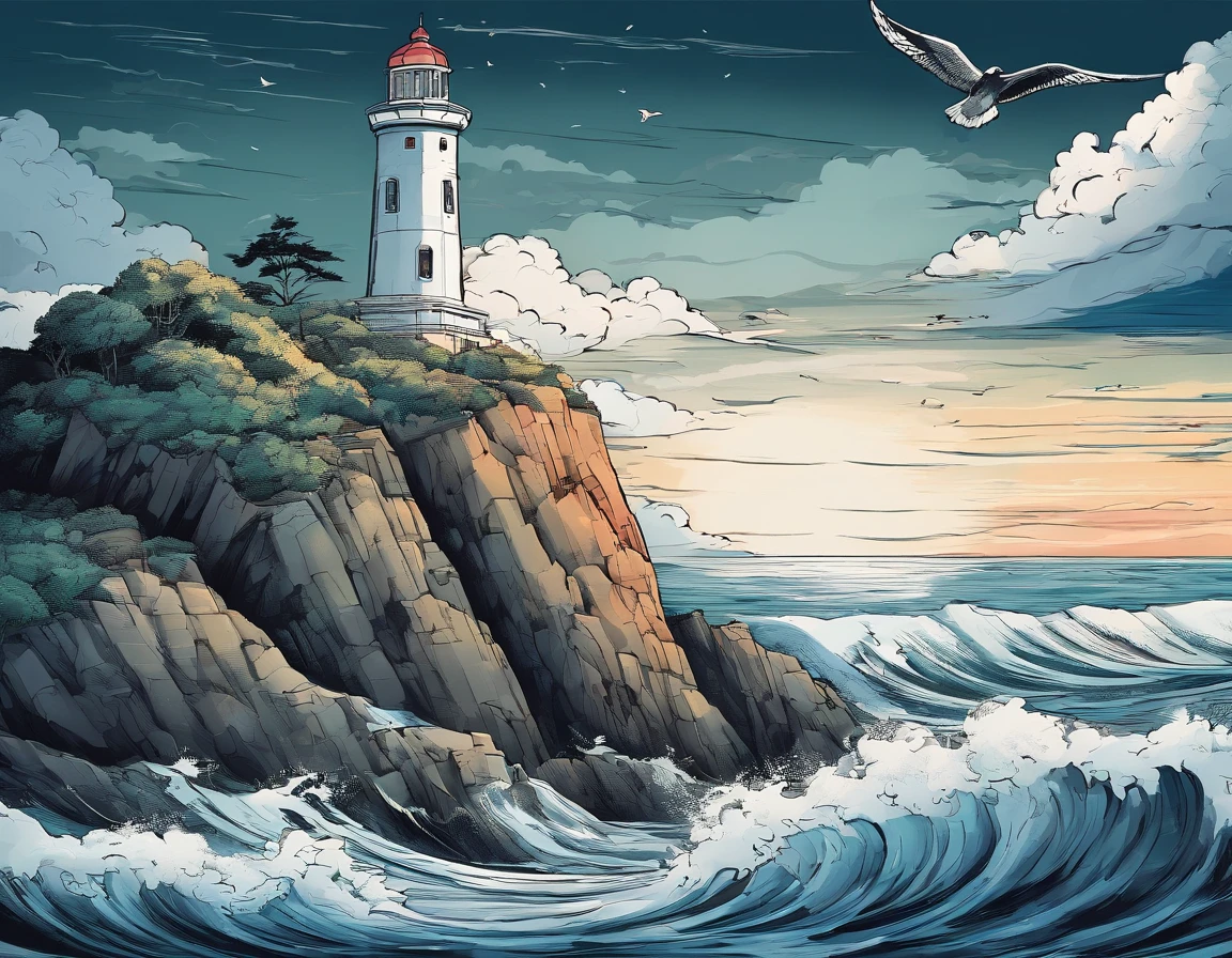 A small lighthouse on the edge of a cliff with a stormy sky and rough seas and a seagull flying in the foreground.