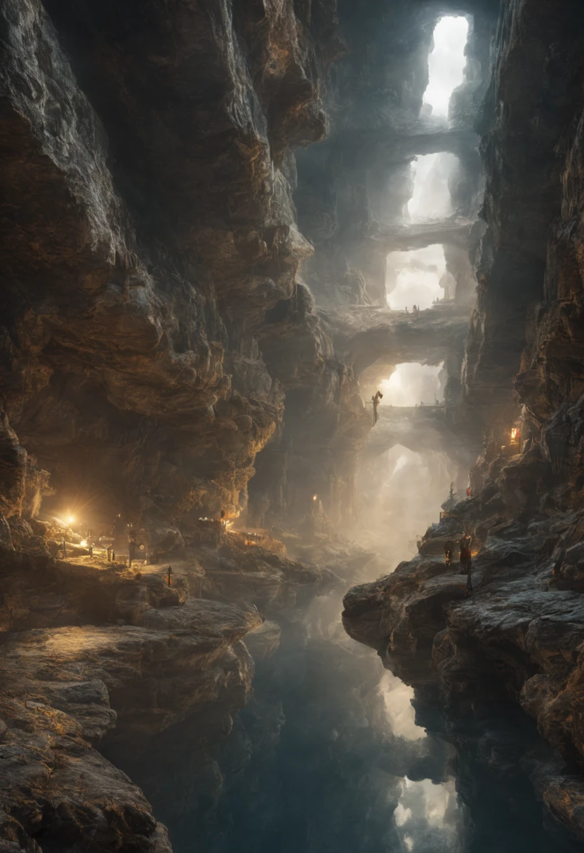 Aleksi Briclot, Johannes Voss, Steve Argyle; Underground City in the Clouds, Photograph Taken on Nikon D750, in an underground landscape, dynamic lighting, RTX, Ray Tracing, Intricate, Elegant, Digital Illustration, Scenic, Maximalist, Hyper-Realistic, Hyper-Detailed, Vibrant Color, vivid, 8k