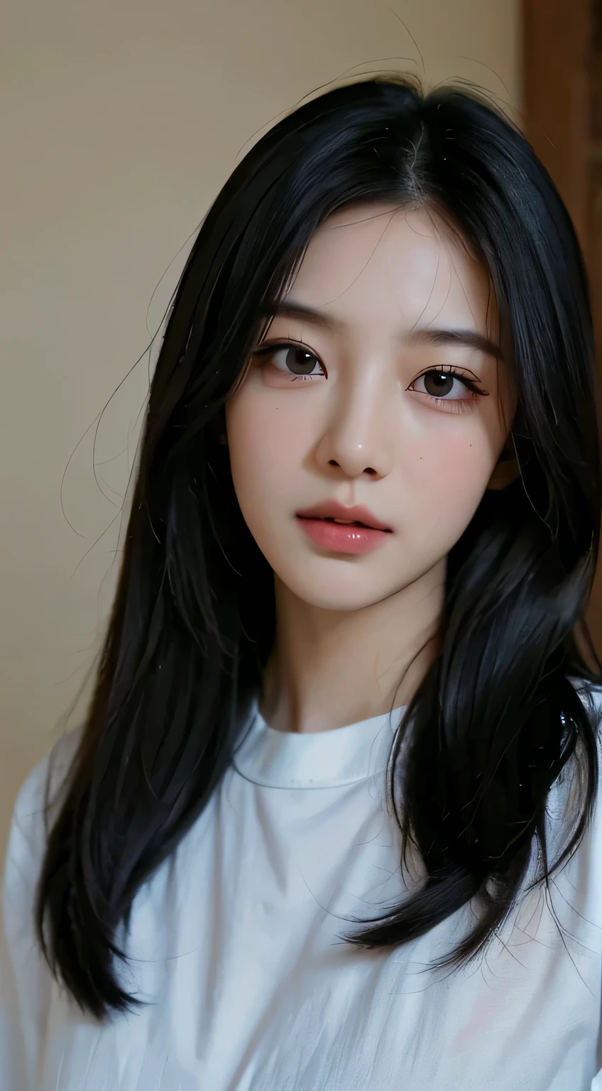 ((Best quality, 8k, Masterpiece :1.3)), adorable, realistic, full body, ulzzang 1 girl, youthful, delightful cute face, black hair, detailed hair, boyish outfit, aesthetic selfie, ultra-detailed face, perfect face, extremely perfection, detailed eyes, double eyelid, big doe-eyed, black eyes, straight nose, long eyelashes, detailed eyelashes, v-shape face, random pose, aesthetic pose, (random aesthetic background)