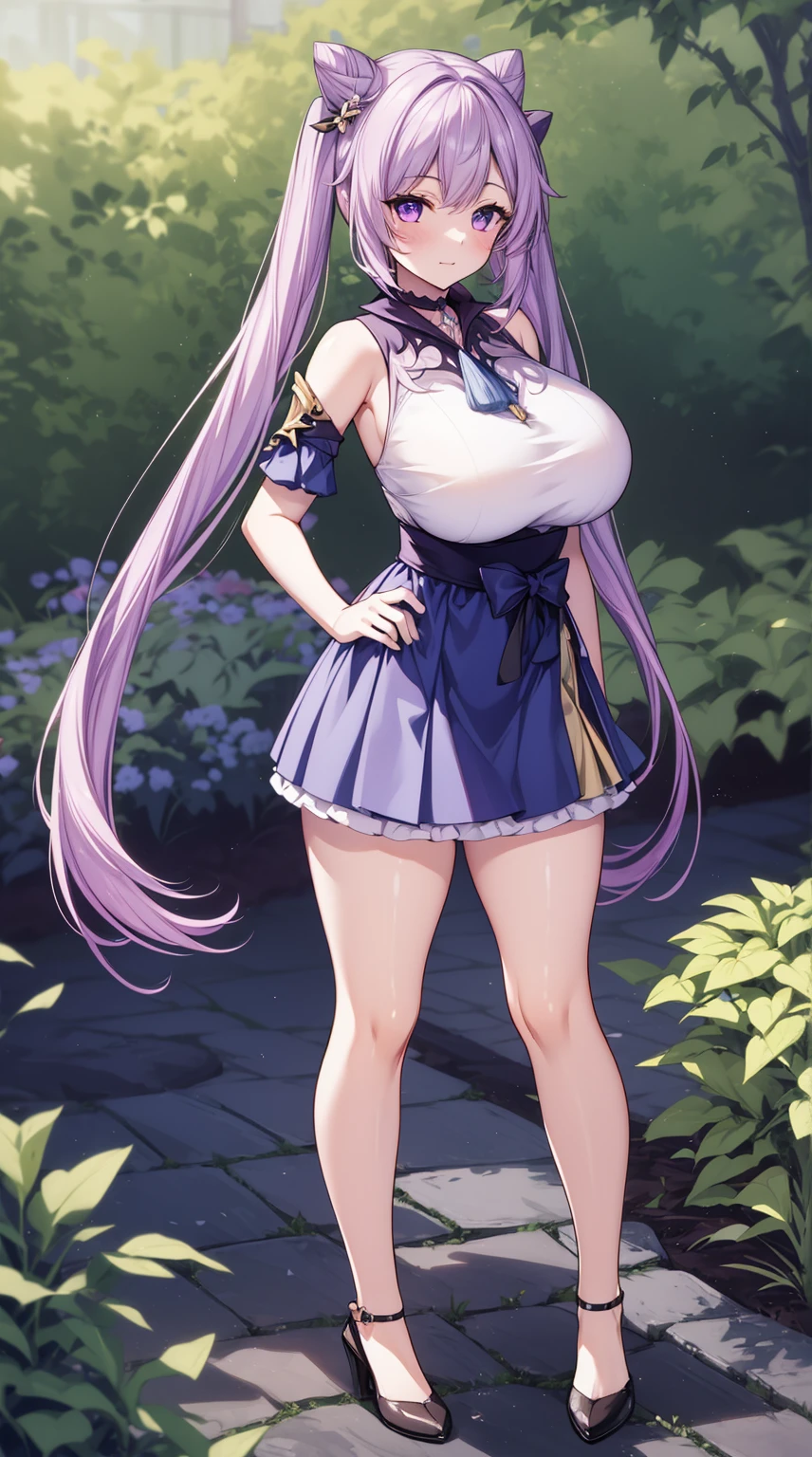 KeqingGenshin_NDV, 1girl, purple hair, large breasts, long hair, twintail, purple eyes, pantyhose, cone hair bun, double bun, (Beautiful,Huge_Breasts:1.3),
BREAK
, 1girl, solo, Standing in the garden, full body, full figure,
BREAK
, in Garden background, garden, 
BREAK
, choker, short skirt, detached sleeves, frills,
BREAK
, official art, extremely detailed CG unity 8k wallpaper, perfect lighting, Colorful, (best_quality:1.0), ultra high res,4K, ultra-detailed, 8K, HDR, high resolution,  absurdres:1.2, film grain, blurry background, (vibrant_color:1.2), (beautiful_face:1.5), (narrow waist),