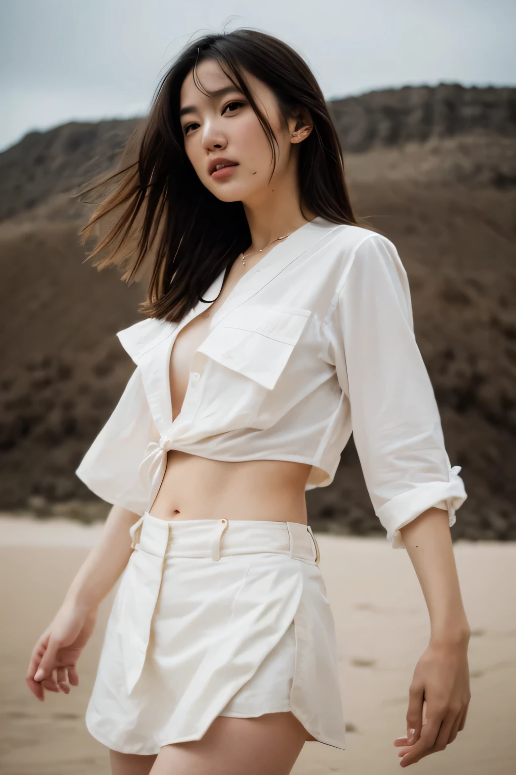 ((high quality: 1.5)), japanese women, beautiful, rave outfit, (lustful:1.1), white sand desert, rain, film grain portrait, 80mm