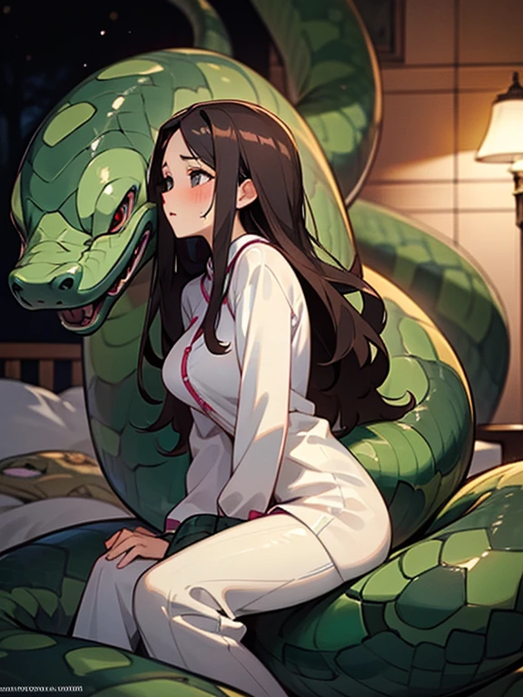 1girl, solo, (18-year-old), dark hair, long hair, bedroom bed in background, pajamas, white pajamas, sitting,spread my legs, (large breasts), cute,shy, blush, parted lips,  (snakes 1.5), (anaconda), (big snake), (coiled snake),coils, (Snakes entangled with girls),night, ((Side angle)), looking away, flustered face, surprised face ,wet skin, steam, best quality,detailed,high resolution,
