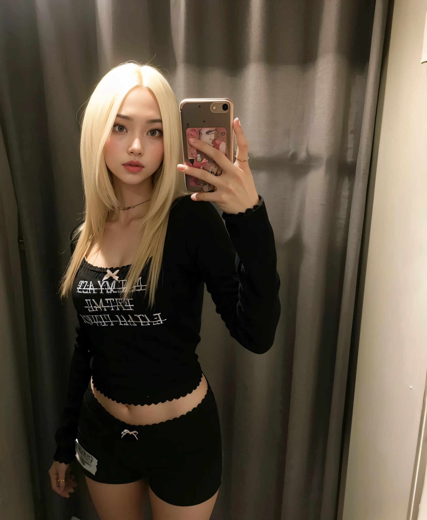 Mulher loira tirando uma selfie em um espelho em um banheiro, cruel korean goth girl, parque roseanne de blackpink, com cabelos longos brancos, 2 modelo feminino de 4 anos, jossi do blackpink, Ulzzang, com longos cabelos brancos, ava max, coreana, she is wearing streetwear, 18 anos de idade, de 19 anos lisa bleckpink