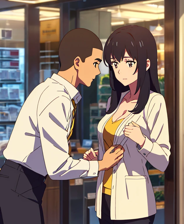 masterpiece:1.6, best quality), finely detailed beautiful eyes: 1.2), colorful, shinkai makoto, kimi no na wa., 1boy, buzzcut, muscular, brown eyes, office worker suit, boy caressing girl's body, breast groping, breast grope, hold breast, 1girl, bangs, black hair, brown eyes, twisted half up, red ribbon, long hair, long sleeve light yellow cardigan, open shirt, yellow shirt, cleavage, breast, medium breast, black pants, indoors, jewelery shop, mall, cowboy shot, face to face, perfect anatomy,