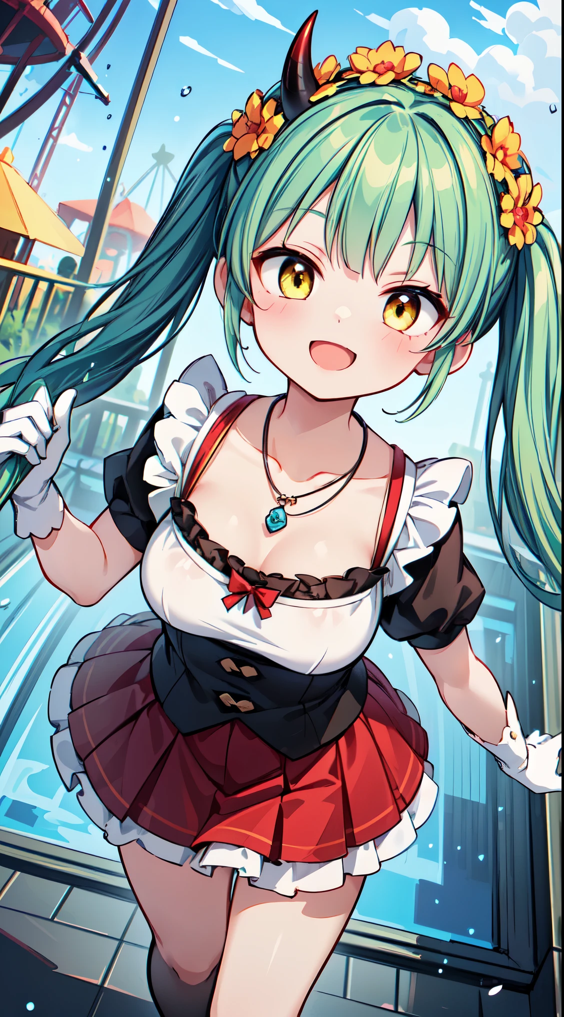 (super fine illustration:1.2),(masterpiece, 8k), (best quality, high quality:1.4), perfect anatomy, hyper detailed, ultra detailed,masterpiece background,beautiful detailed background, v8k wallpaper,perfect design,award-winning art,atmospheric,
BREAK, 1 beautiful girl, (17 year old girl),alone,(cute:1.5),(Little:0.6),(cute:1.5),(change:0.5),break, :d, (twin tails, green hair, horn, long hair:1.35), (yellow eyes, double, slanted eyes:1.45), blush, double teeth, ((D cup breasts))), heart, sight, maid, /maid dragon/, dragon tail, (long eyelashes, double eyelids, thin eyebrows:1.2), alone, glowing skin, beautiful skin, beautiful skin, (highest quality face), (highest quality slanted eyes), maid outfit, gloves, open your mouth, short sleeve, smile, white gloves,(The best smile,smug face:1.45),
BREAK, (1girl, solo, looking at viewer, walking:1.2), (Amusement park:1.2), (attractions, theme parks, roller coaster:1.2), (ferris wheel:1.2), (flower, fountain:1.2), (outdoor:1.2), beautiful detailed sky, dating, sunlight, beautiful lighting, volumetric lighting,
BREAK ((white camisole), detailed frilled camisole), (red skirt, detailed laced skirt), (tiara, necklace, earrings), (flower crown, flower head, side flower head, flower hair ornament:1.5)
BREAK,wakame,wakame,wakame,(looking up,from front above:1.5) ,
BREAK,(Blurry background:1.3),(absurderes, hight resolution, Super Detail Art),cel shading,Clear Color, Lonely optical effect, Beautiful pictures, Bright glow, mystic atmosphere,(Close-up of girl:1.1), Mystical light particle effect,manga influence, clean line drawings,