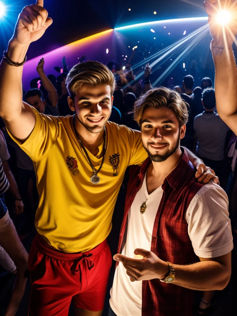 Dois homens de 20 anos, tirando selfie, rostos diferentes, festa, clube noturno, people dancing light hair.