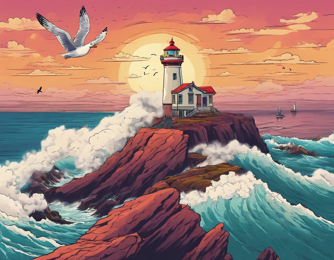 A small lighthouse on the edge of a cliff with a stormy sky and rough seas and a seagull flying in the foreground.