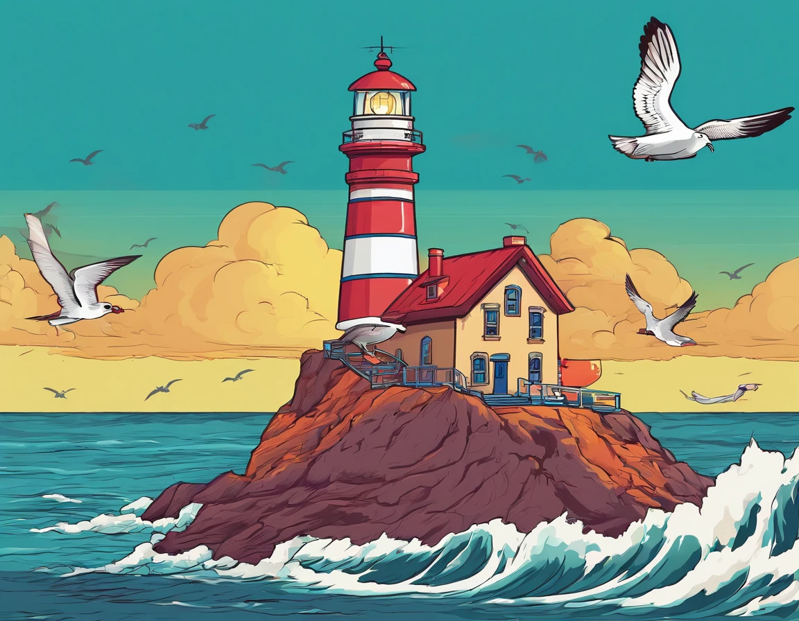 A small lighthouse on the edge of a cliff with a stormy sky and rough seas and a seagull flying in the foreground.