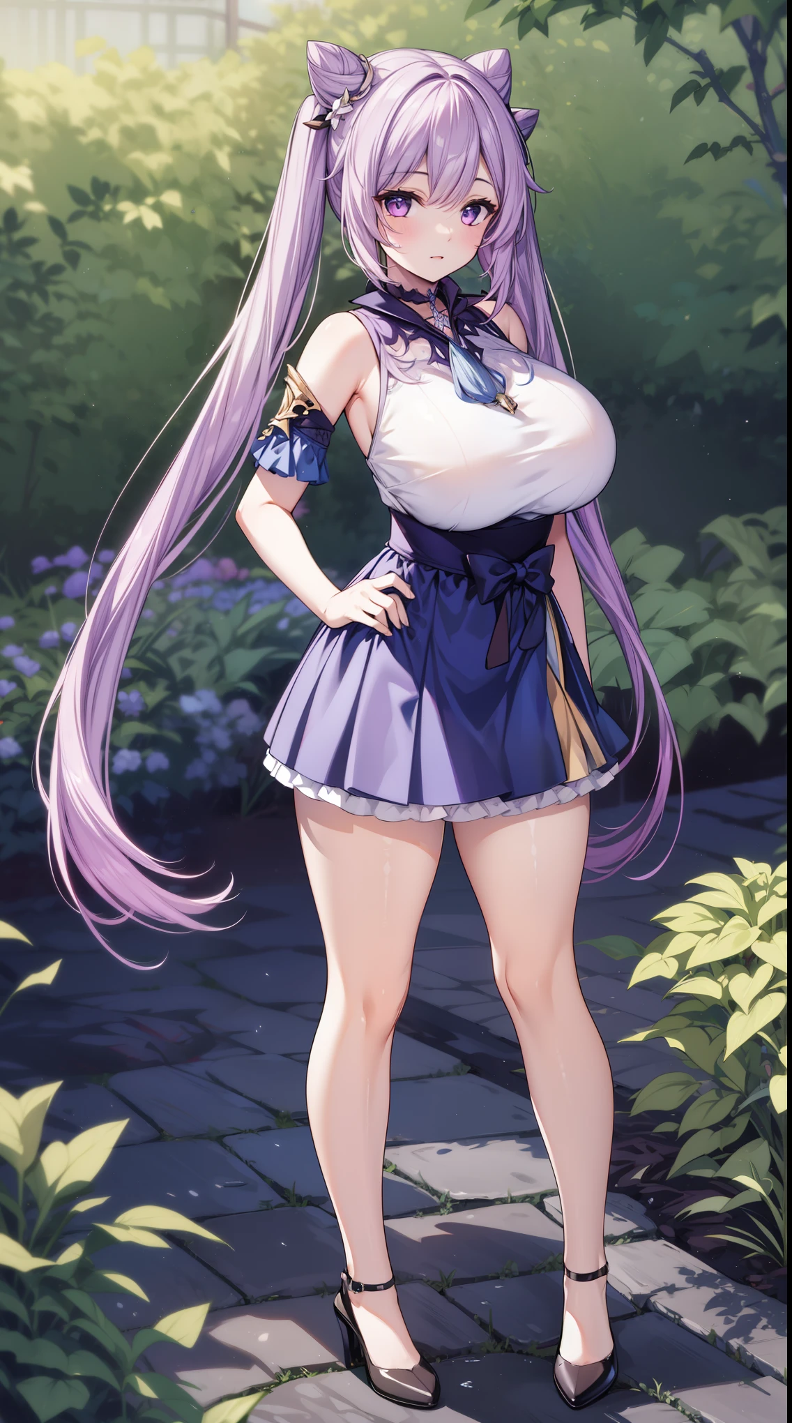 KeqingGenshin_NDV, 1girl, purple hair, large breasts, long hair, twintail, purple eyes, pantyhose, cone hair bun, double bun, (Beautiful,Huge_Breasts:1.3),
BREAK
, 1girl, solo, Standing in the garden, full body, full figure,
BREAK
, in Garden background, garden, 
BREAK
, choker, short skirt, detached sleeves, frills,
BREAK
, official art, extremely detailed CG unity 8k wallpaper, perfect lighting, Colorful, (best_quality:1.0), ultra high res,4K, ultra-detailed, 8K, HDR, high resolution,  absurdres:1.2, film grain, blurry background, (vibrant_color:1.2), (beautiful_face:1.5), (narrow waist),