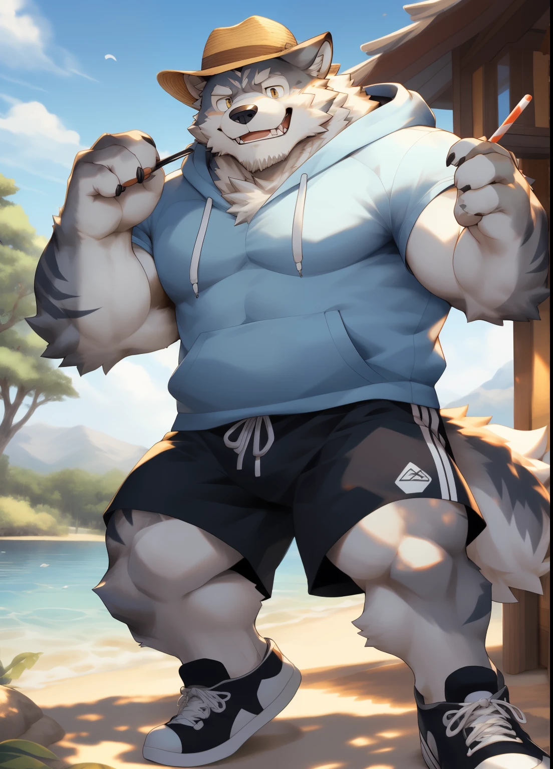 hairy,((Wolf,hoodie,shorts,Black sneakers,white socks)),white fur,male,Common,full body picture((极其lifelike阴影,masterpiece,Very detailed,lifelike)), ((Cat)),dynamic poses,Tanonaka,wearing a straw hat,穿着white socks,beard,Smile((极其lifelike背景,masterpiece,Very detailed,lifelike))detailed background